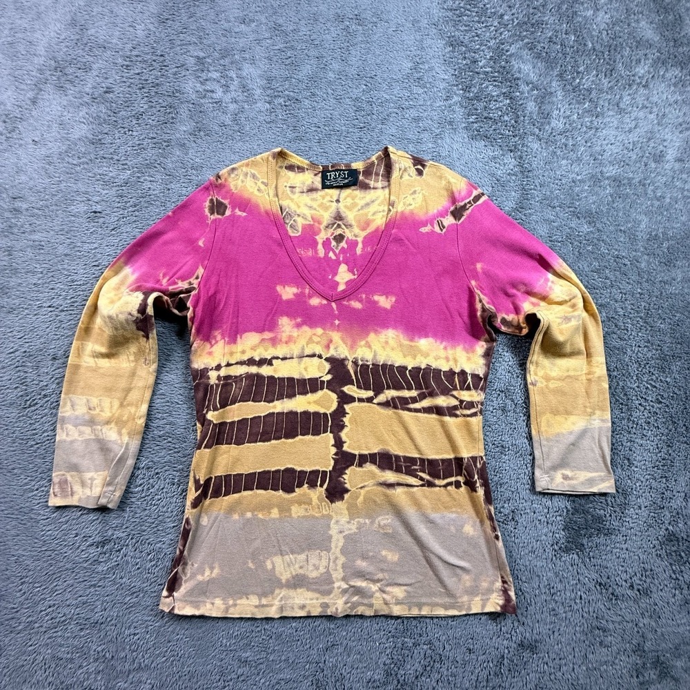 TRYST M Womens Tie Dye V-Neck Long Sleeve Blouse Top Boho Hippie Y2K Cotton